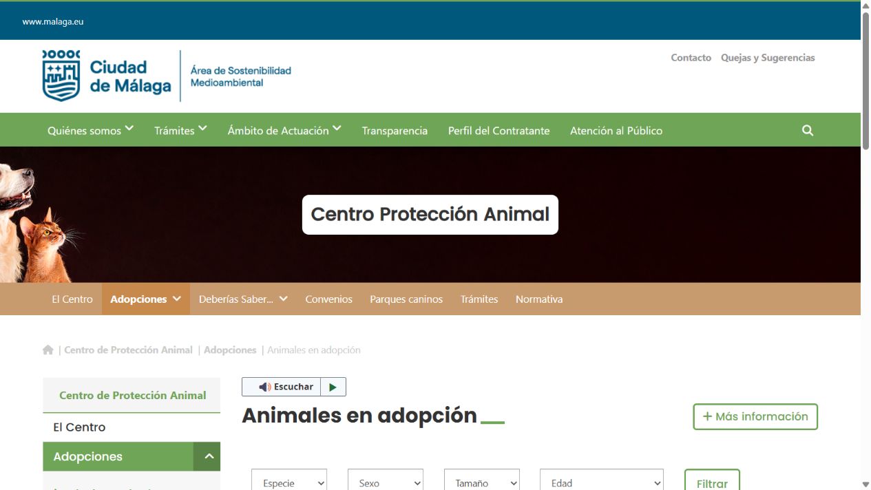 Catálogo de animales en adopción del Centro de Protección Animal de Málaga